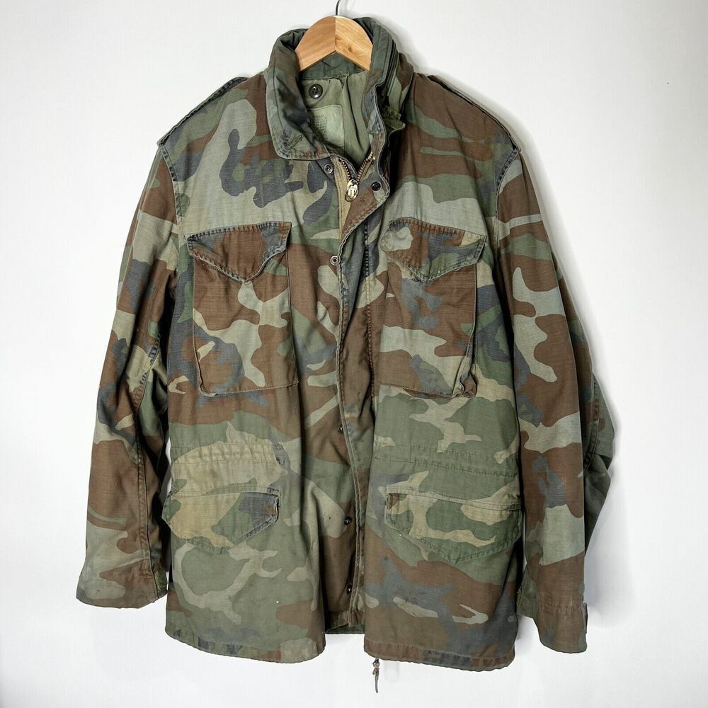Vintage Army Jacket Camo Camouflage Green Brown Zip Up Worn Adult Medium